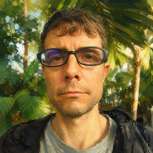 Painted portrait of Darryl Sterk in a greenhouse